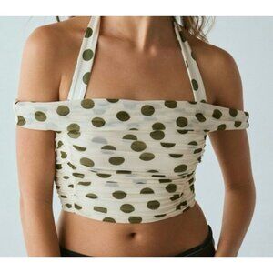AFRM White and Green Polka Dot Crop Top LARGE